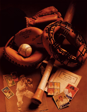 Mitt, ball, bat and mask